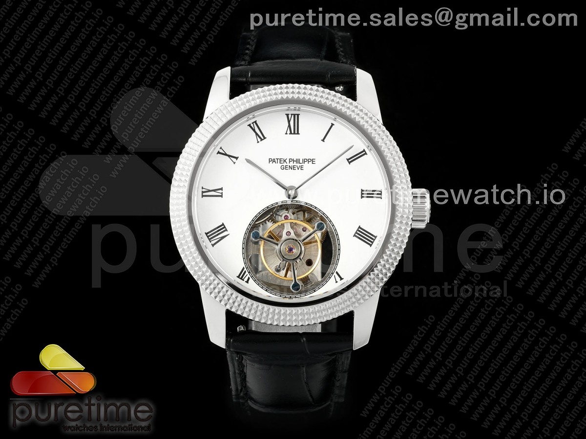 PP Tourbillon SS Texuted Bezel RMSF Edition White Dial on Black Leather Strap