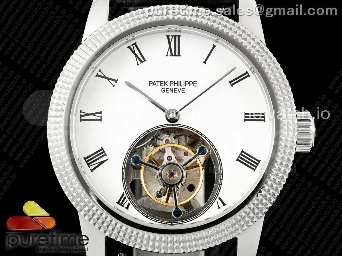 PP Tourbillon SS Texuted Bezel RMSF Edition White Dial on Black Leather Strap