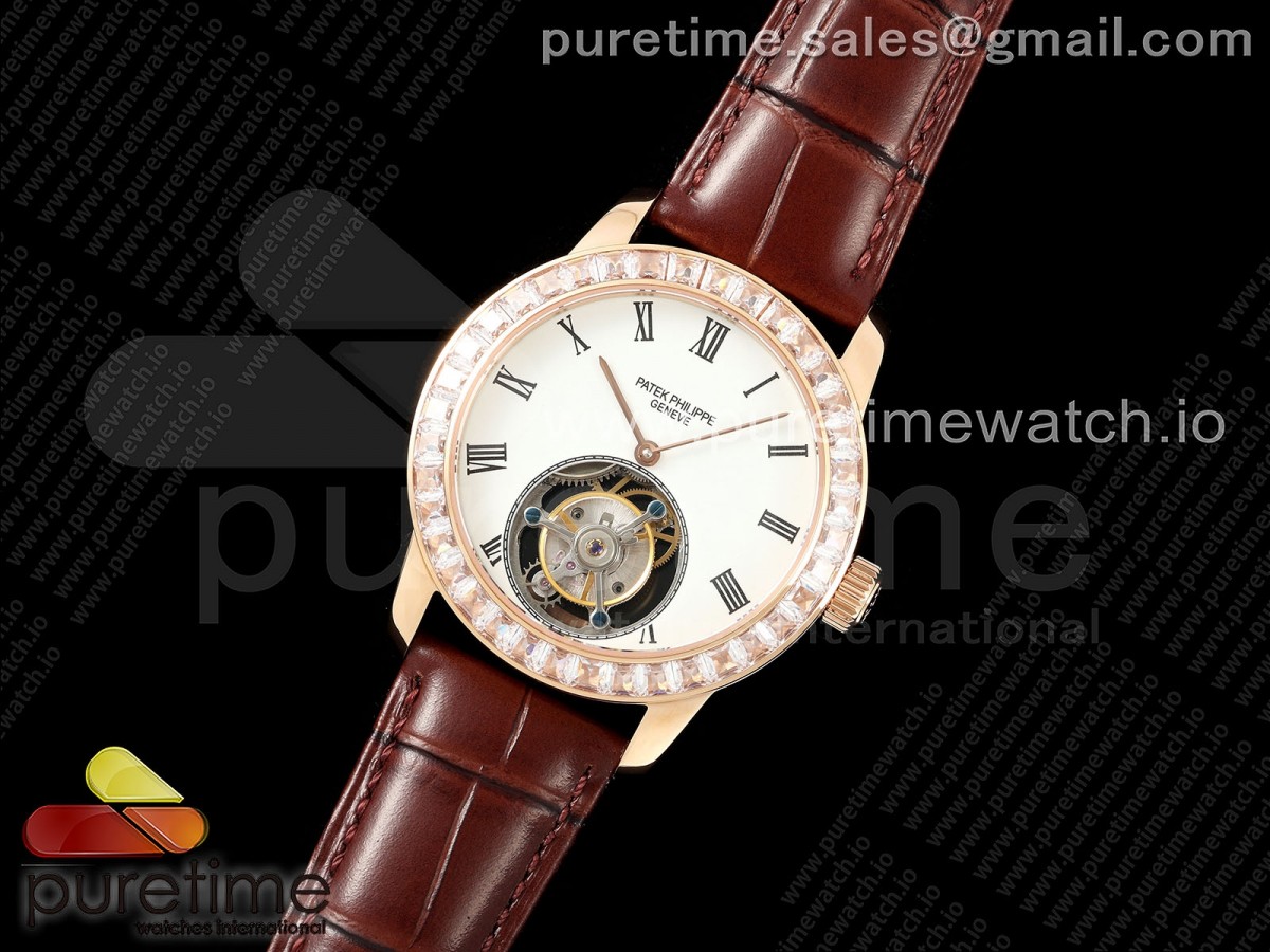 PP Tourbillon RG Diamonds Bezel RMSF Edition White Dial on Brown Leather Strap