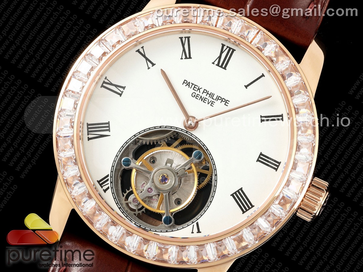 PP Tourbillon RG Diamonds Bezel RMSF Edition White Dial on Brown Leather Strap