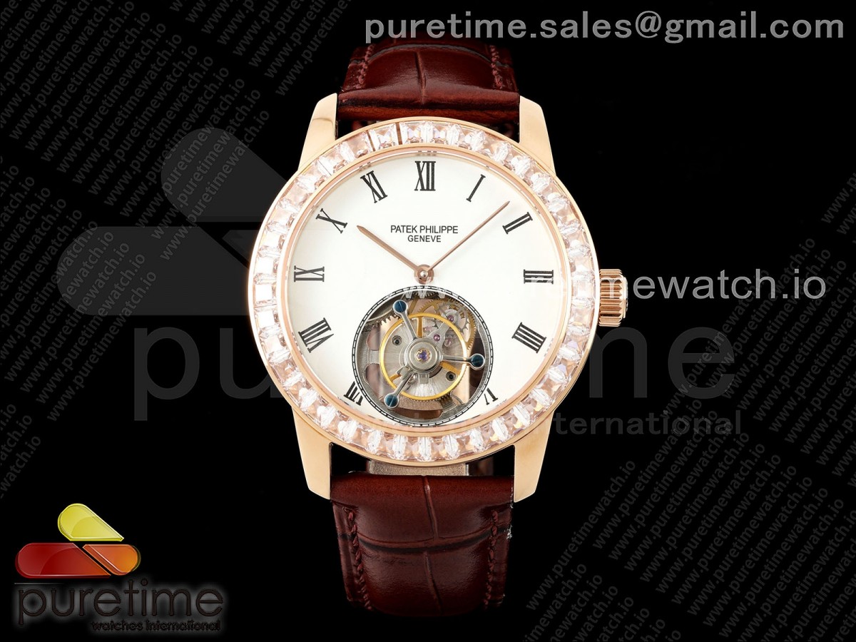 PP Tourbillon RG Diamonds Bezel RMSF Edition White Dial on Brown Leather Strap