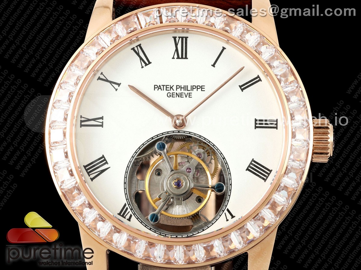 PP Tourbillon RG Diamonds Bezel RMSF Edition White Dial on Brown Leather Strap