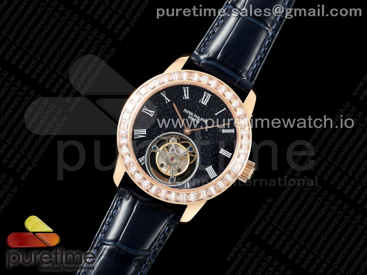 PP Tourbillon RG Diamonds Bezel RMSF Edition Black Starry Dial on Blue Leather Strap