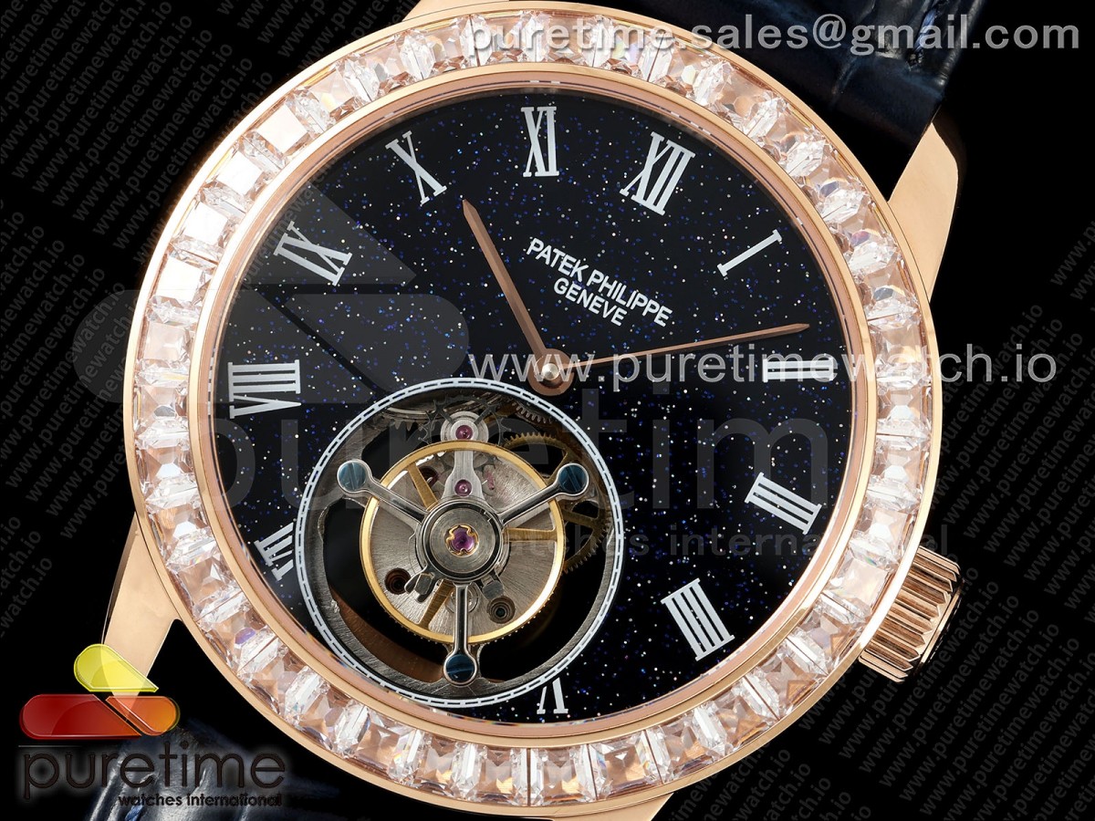 PP Tourbillon RG Diamonds Bezel RMSF Edition Black Starry Dial on Blue Leather Strap