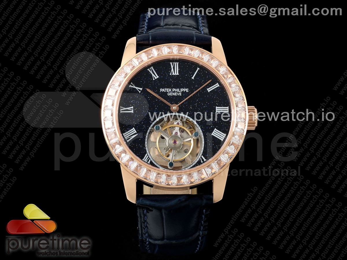 PP Tourbillon RG Diamonds Bezel RMSF Edition Black Starry Dial on Blue Leather Strap