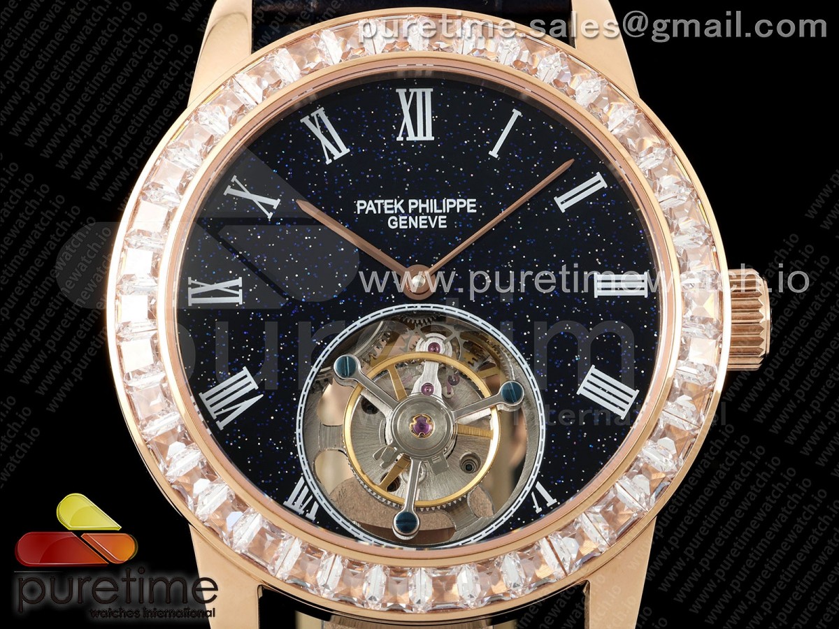 PP Tourbillon RG Diamonds Bezel RMSF Edition Black Starry Dial on Blue Leather Strap