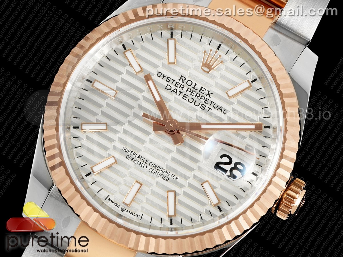 DateJust 36 126231 EWEF Silver Textured Stick Dial on SS/RG Oyster Bracelet A3235