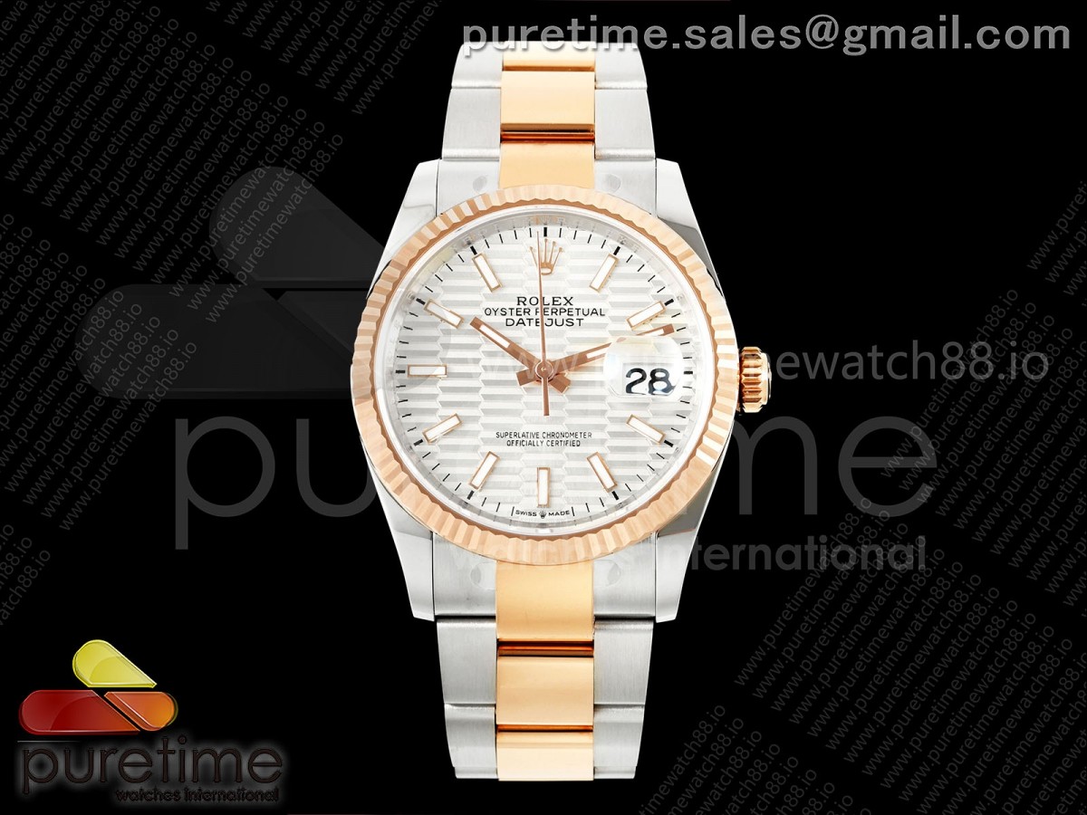 DateJust 36 126231 EWEF Silver Textured Stick Dial on SS/RG Oyster Bracelet A3235