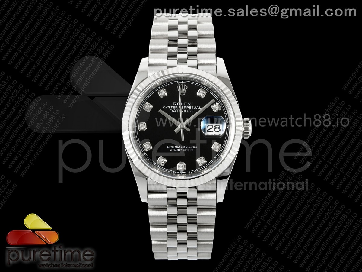 DateJust 36 126234 EWEF Black Diamonds Dial on SS Jubilee Bracelet A3235