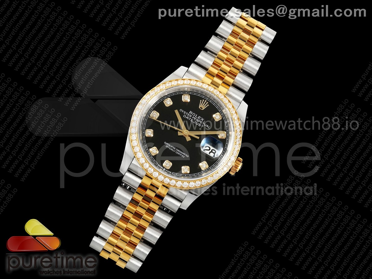 DateJust 36 126233 EWEF Black Diamonds Dial Diamonds Bezel on SS/YG Jubilee Bracelet A3235