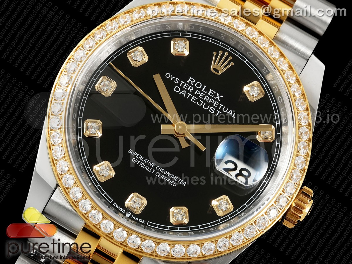 DateJust 36 126233 EWEF Black Diamonds Dial Diamonds Bezel on SS/YG Jubilee Bracelet A3235