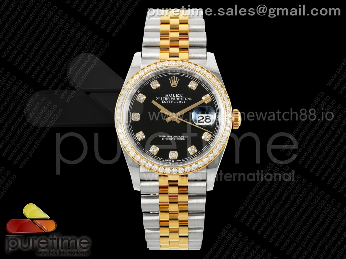 DateJust 36 126233 EWEF Black Diamonds Dial Diamonds Bezel on SS/YG Jubilee Bracelet A3235