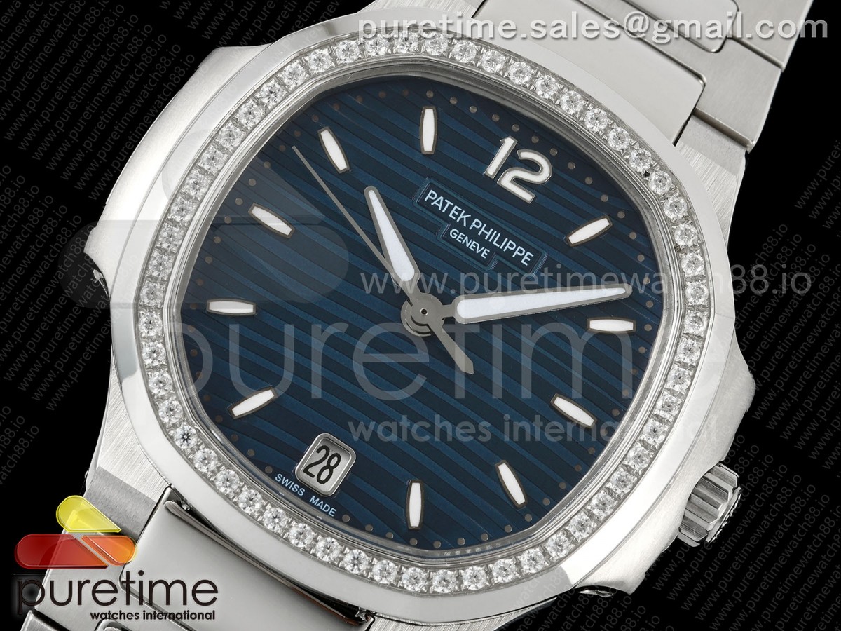 Nautilus 7118 Ladies SS MSF Blue Dial Diamonds Bezel on SS Bracelet 324CS