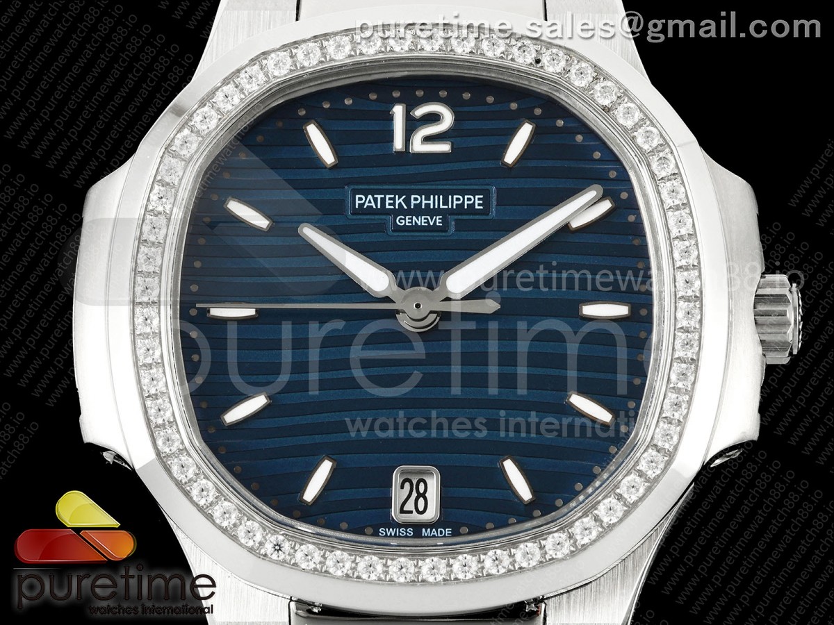 Nautilus 7118 Ladies SS MSF Blue Dial Diamonds Bezel on SS Bracelet 324CS