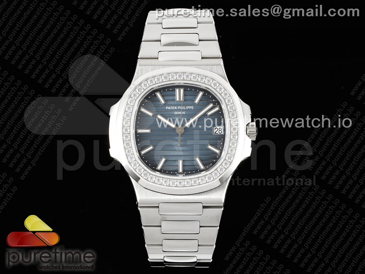 Nautilus 5711/1A 3KF Diamonds Bezel Blue Textured Dial on SS Bracelet A324 V2