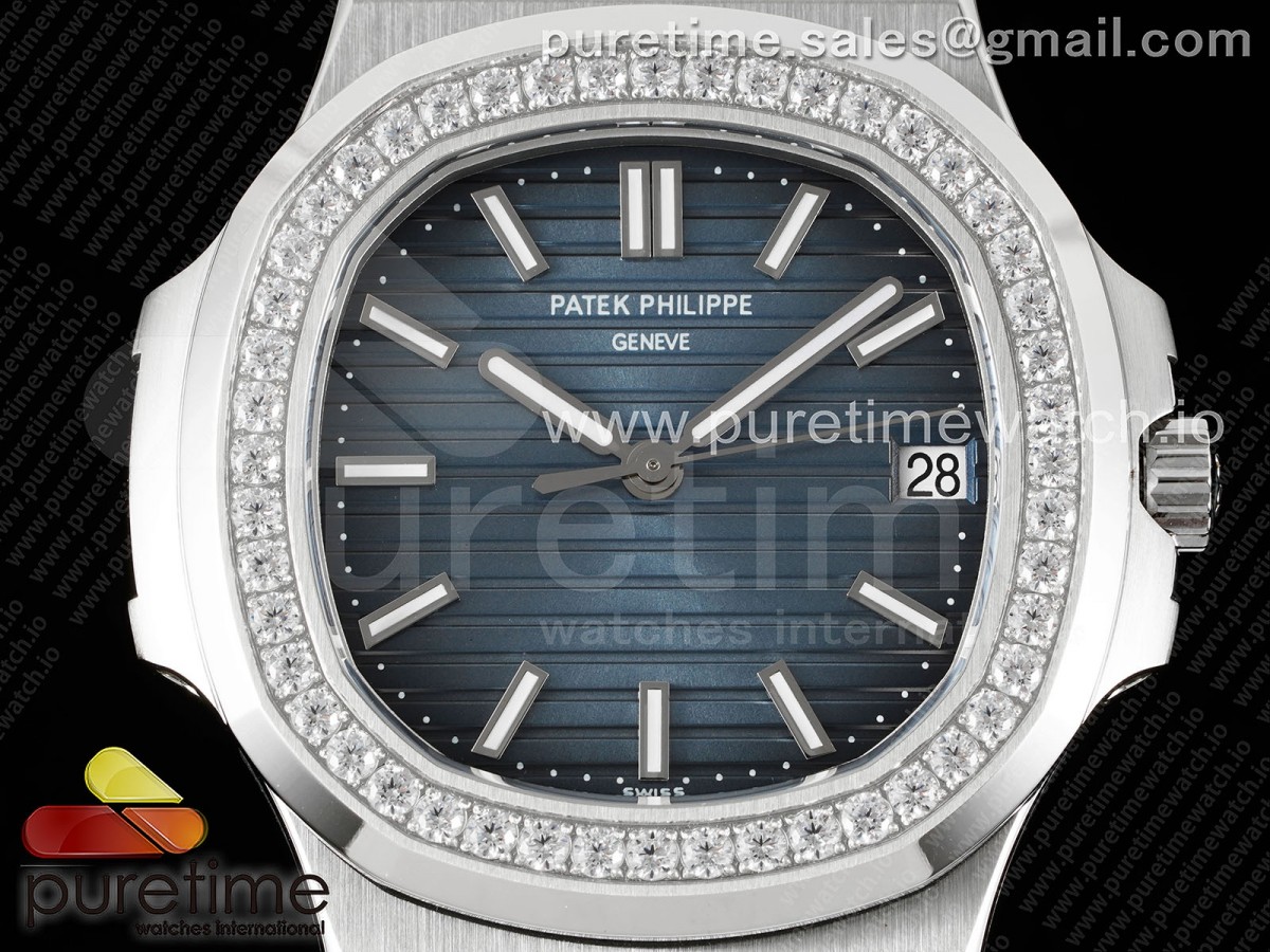Nautilus 5711/1A 3KF Diamonds Bezel Blue Textured Dial on SS Bracelet A324 V2