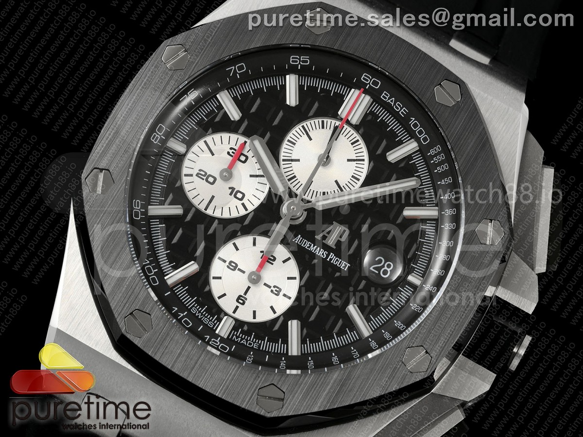 Royal Oak Offshore 44mm Black Ceramic Bezel APF Black/White Dial on Black Rubber Strap A3126 V2
