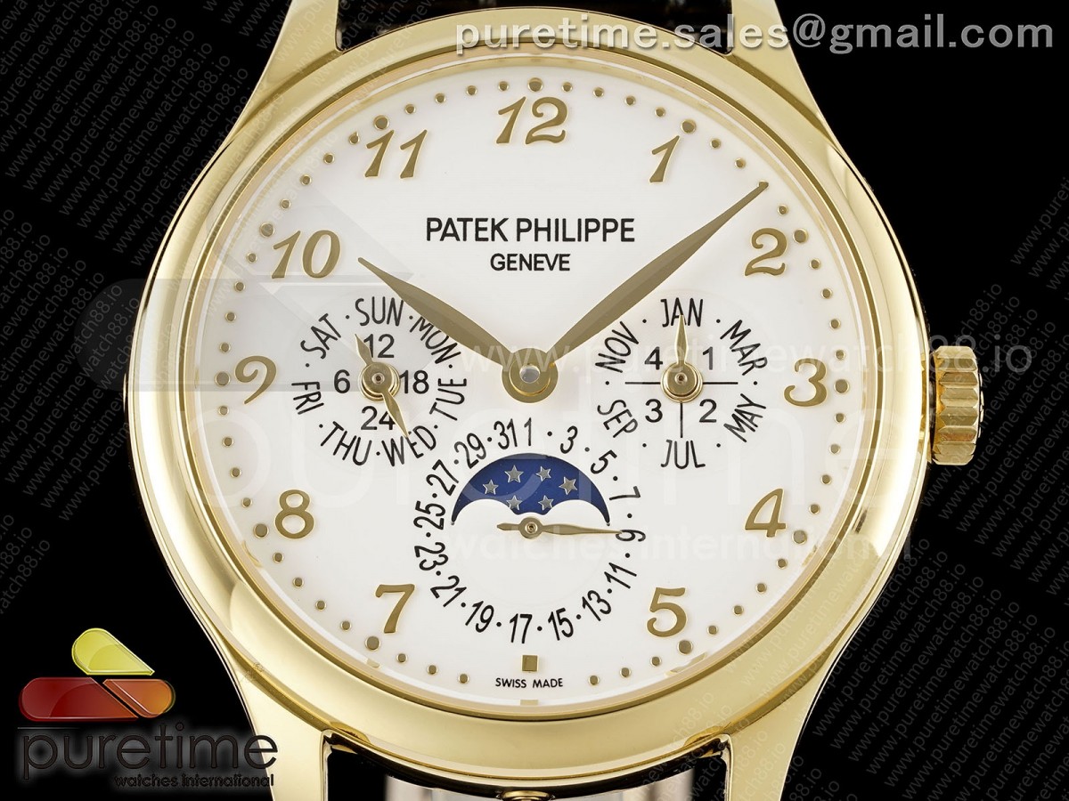 Perpetual Calendar 5140 YG 3KF White Numeral Dial on Black Leather Strap A240
