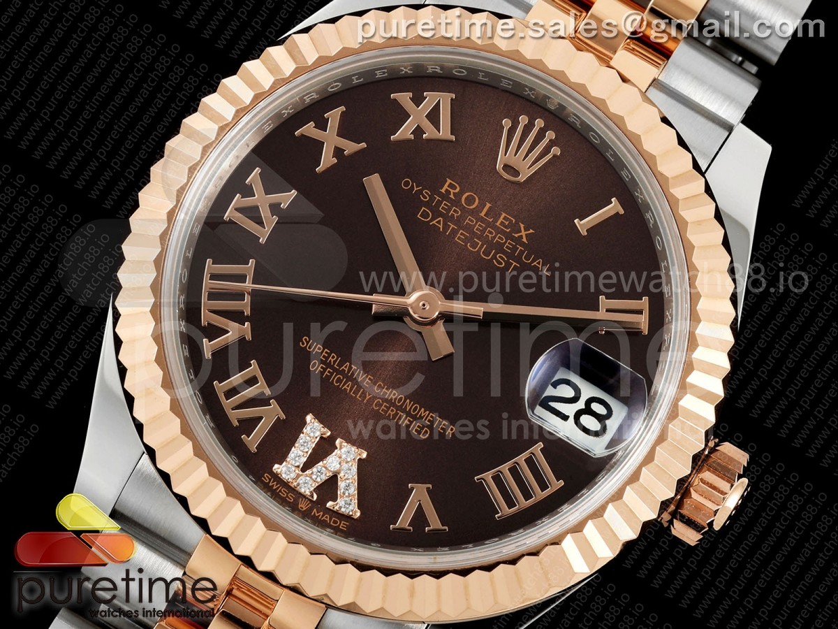 DateJust 31 Ladies Fluted Bezel SS/RG THB Brown Roman Dial on Jubilee Bracelet A2236