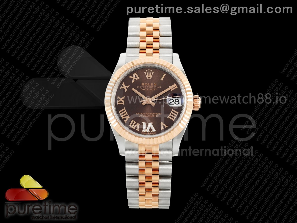 DateJust 31 Ladies Fluted Bezel SS/RG THB Brown Roman Dial on Jubilee Bracelet A2236