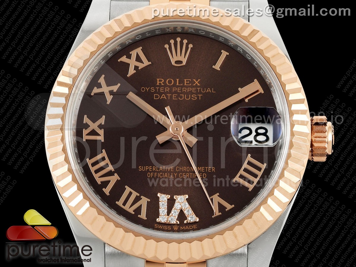 DateJust 31 Ladies Fluted Bezel SS/RG THB Brown Roman Dial on Jubilee Bracelet A2236