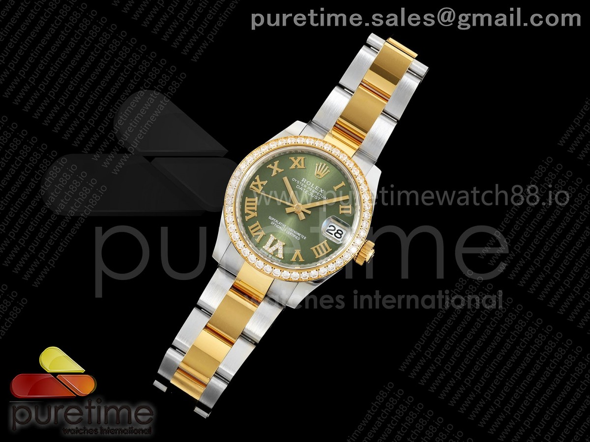 DateJust 31 Ladies Diamonds Bezel SS/YG THB Green Roman Dial on Oyster Bracelet A2236
