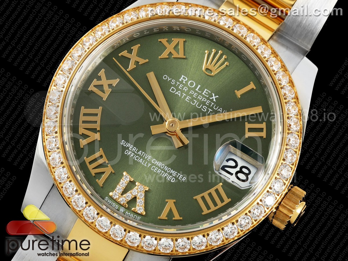 DateJust 31 Ladies Diamonds Bezel SS/YG THB Green Roman Dial on Oyster Bracelet A2236