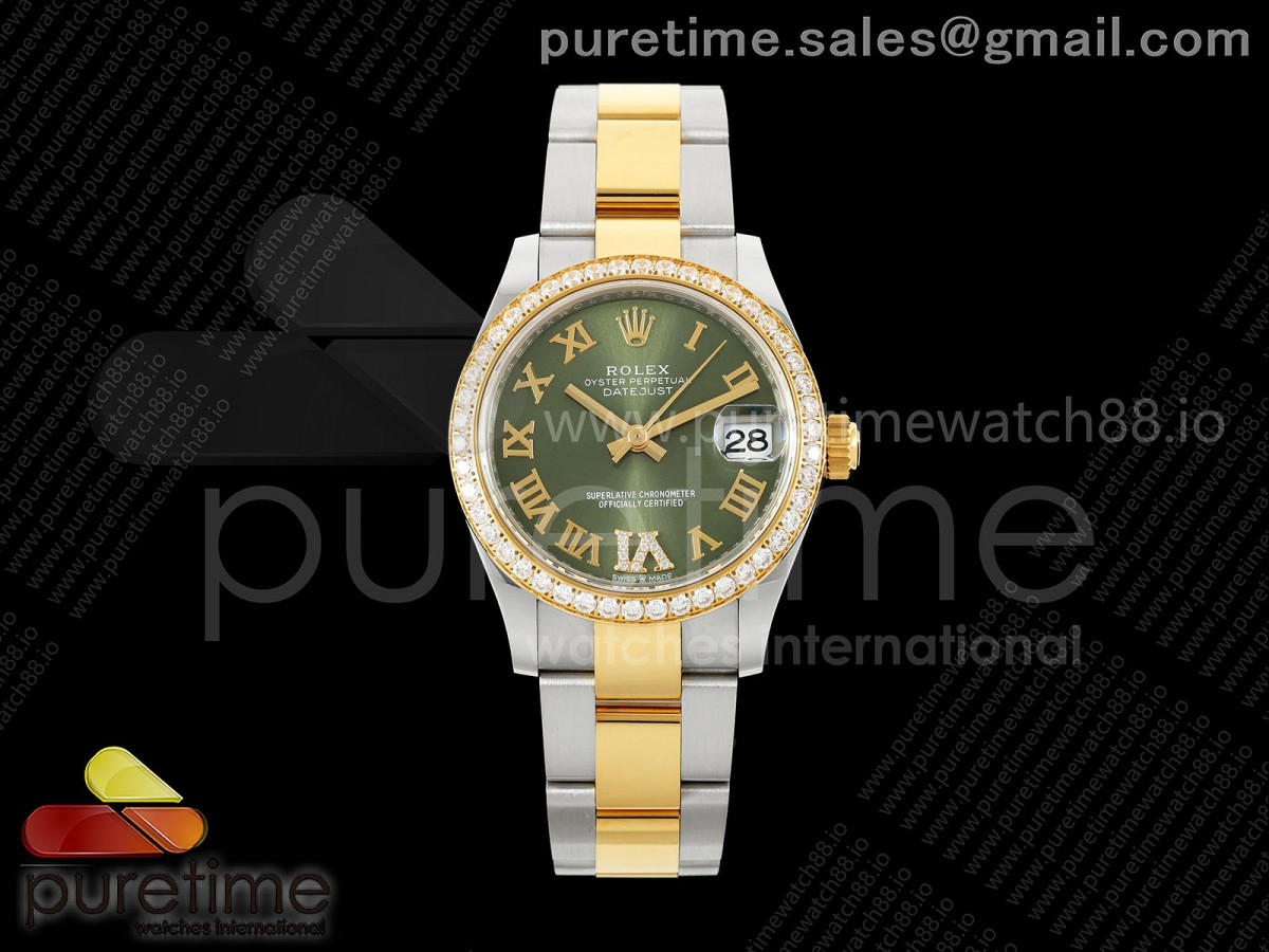 DateJust 31 Ladies Diamonds Bezel SS/YG THB Green Roman Dial on Oyster Bracelet A2236