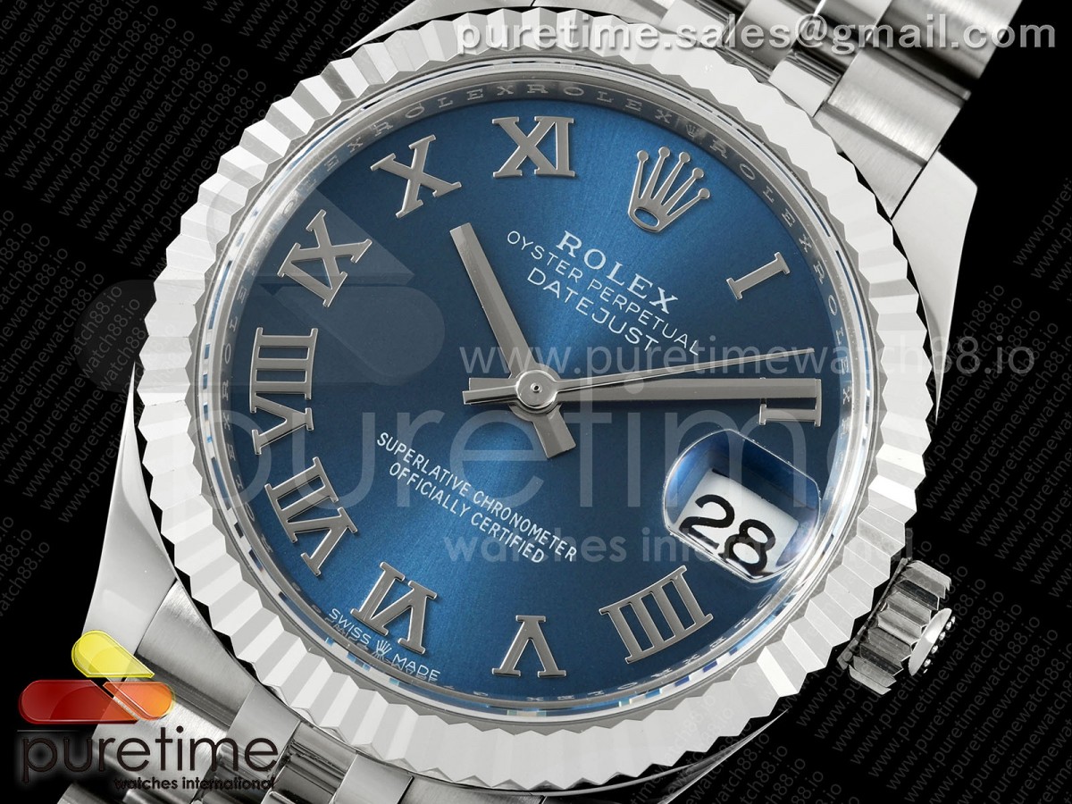 DateJust 31 Ladies Fluted Bezel SS THB Blue Roman Dial on Jubilee Bracelet A2236