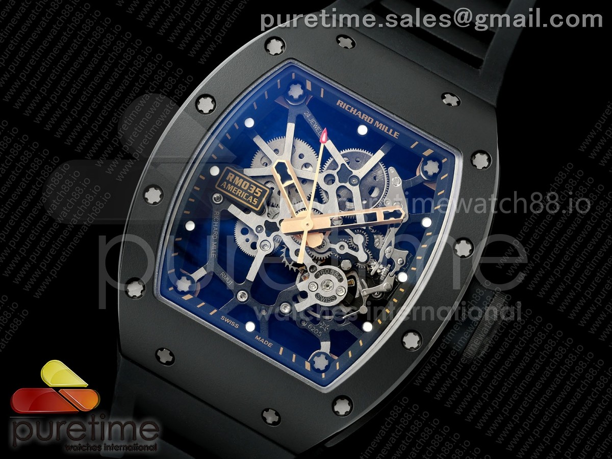 RM035 Americas Black Ceramic / RG ZF Skeleton Dial on Black Rubber Strap RMUL1
