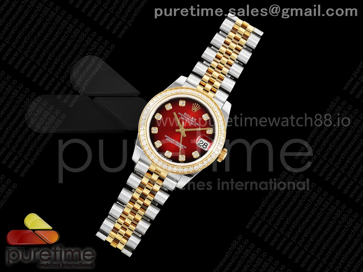 DateJust 31 SS/YG GMF Red Dial Diamonds Bezel on Jubilee Bracelet A2824
