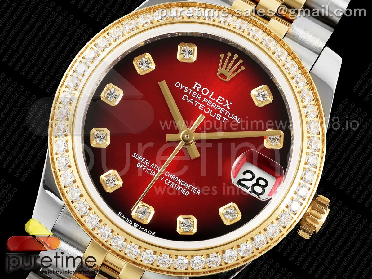 DateJust 31 SS/YG GMF Red Dial Diamonds Bezel on Jubilee Bracelet A2824