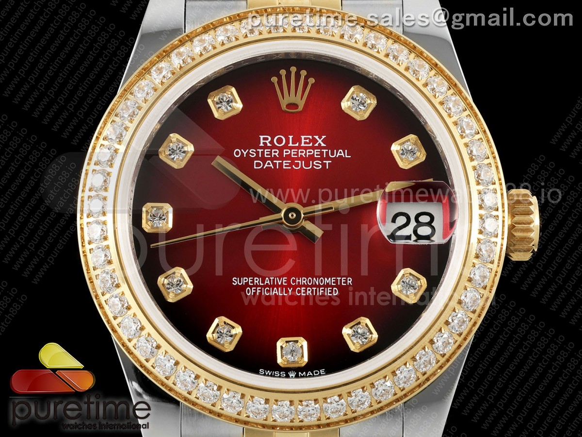 DateJust 31 SS/YG GMF Red Dial Diamonds Bezel on Jubilee Bracelet A2824