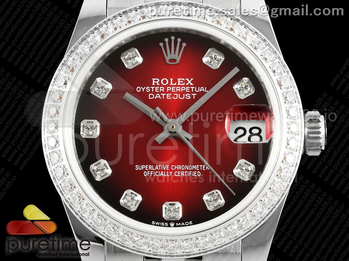 DateJust 31 SS GMF Red Dial Diamonds Bezel on Jubilee Bracelet A2824