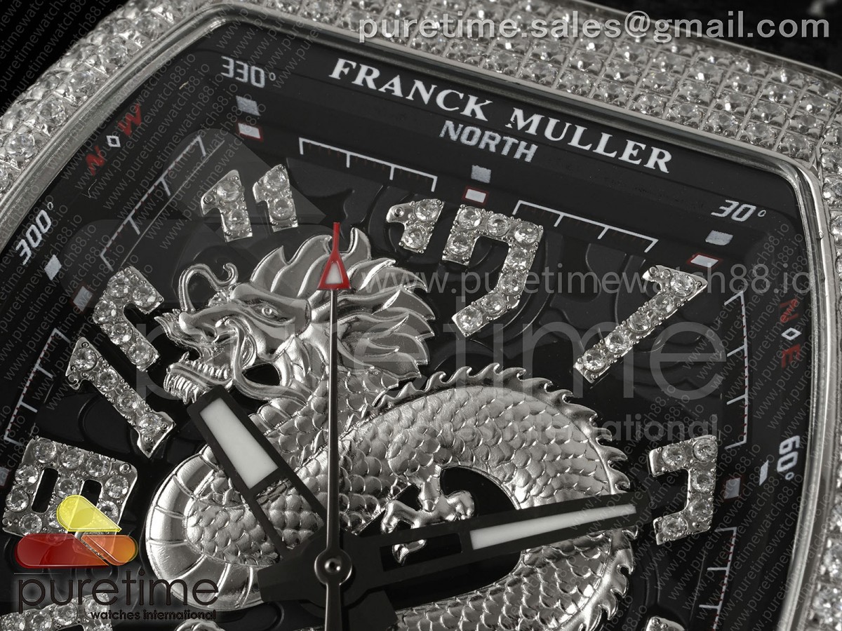 Vanguard V45 SS Full Diamonds ABF Silver Dragon Red Dial on Black Nylon Strap A2824
