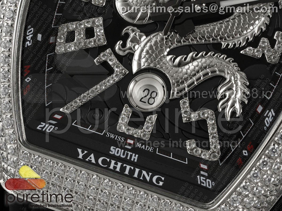 Vanguard V45 SS Full Diamonds ABF Silver Dragon Red Dial on Black Nylon Strap A2824