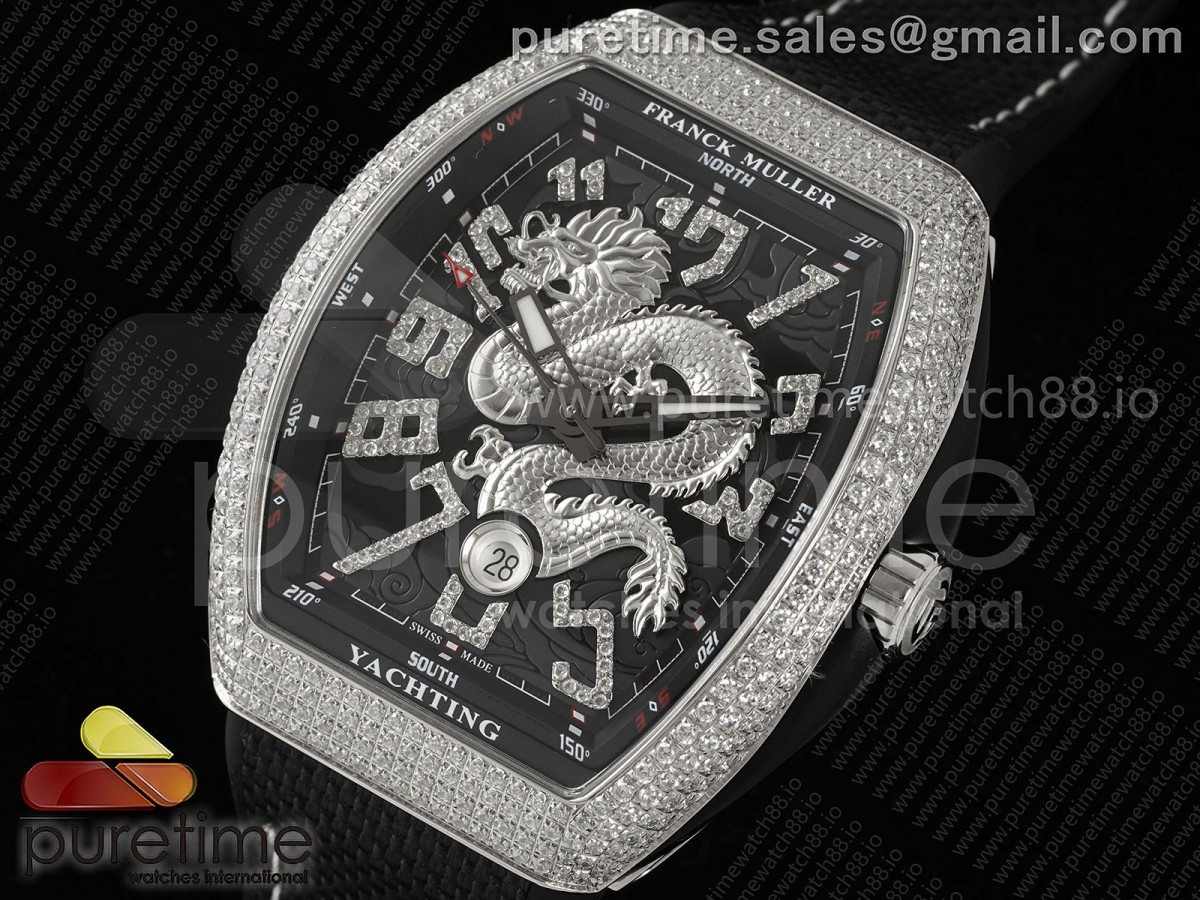 Vanguard V45 SS Full Diamonds ABF Silver Dragon Red Dial on Black Nylon Strap A2824