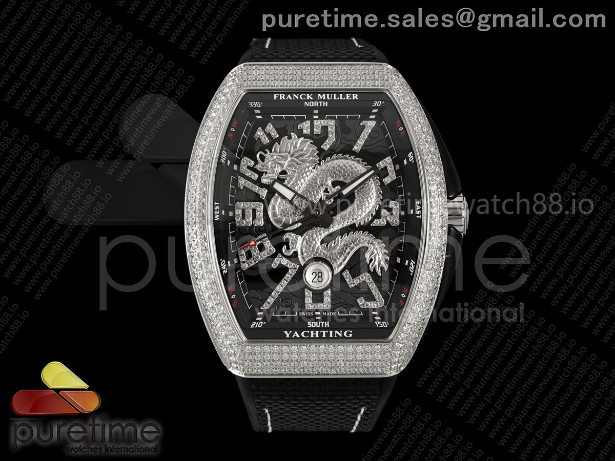 Vanguard V45 SS Full Diamonds ABF Silver Dragon Red Dial on Black Nylon Strap A2824