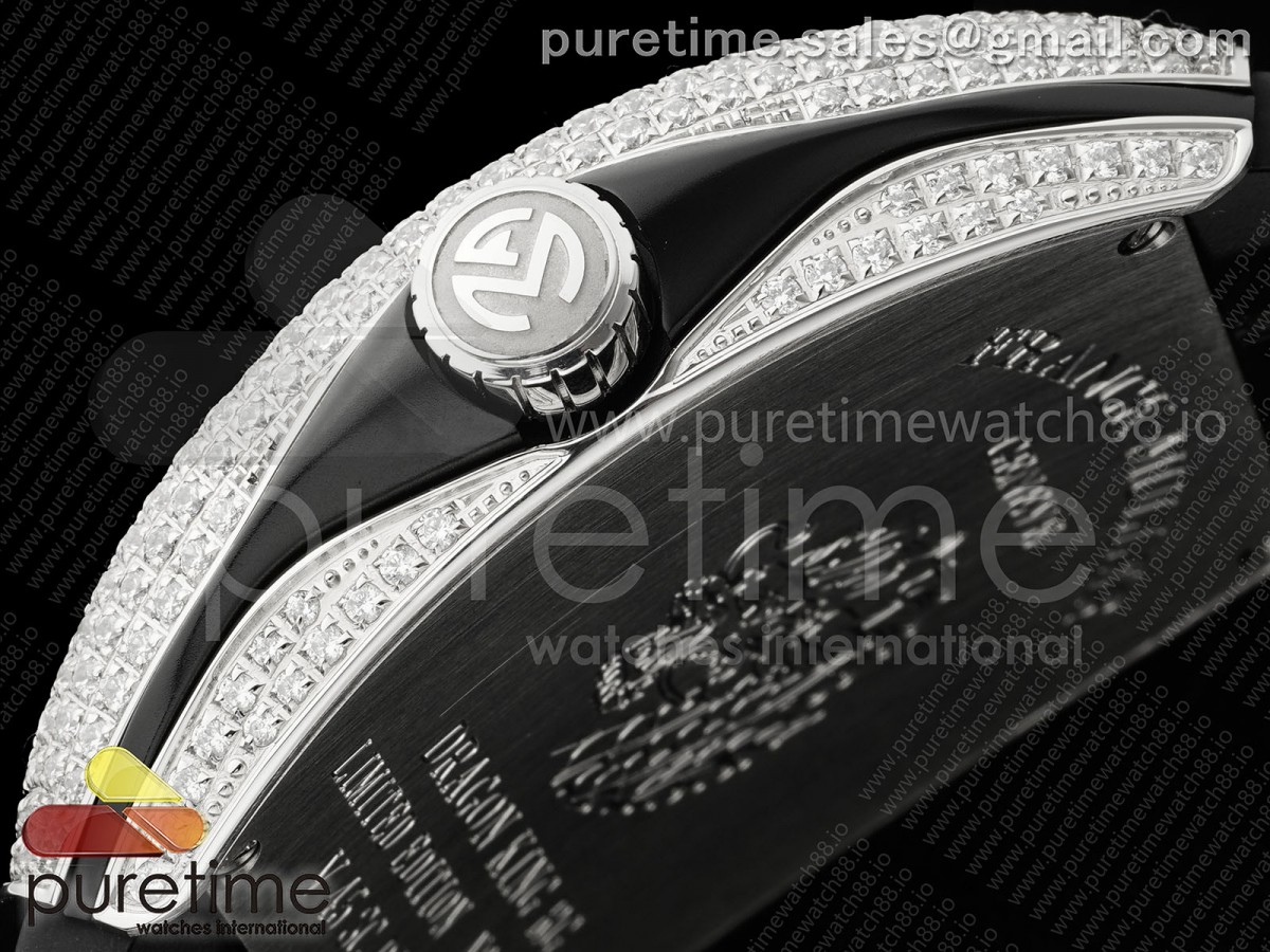 Vanguard V45 SS Full Diamonds ABF Silver Dragon Red Dial on Black Nylon Strap A2824