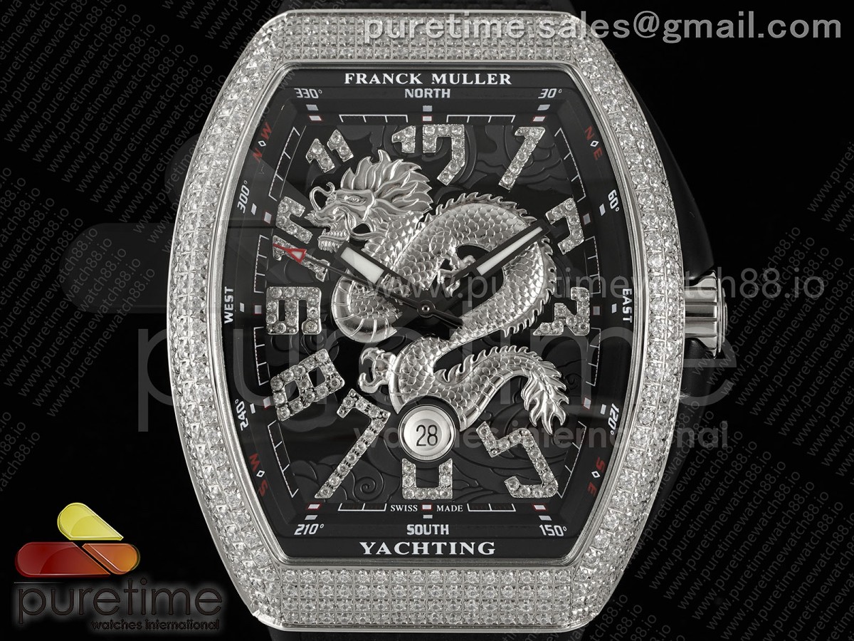 Vanguard V45 SS Full Diamonds ABF Silver Dragon Red Dial on Black Nylon Strap A2824