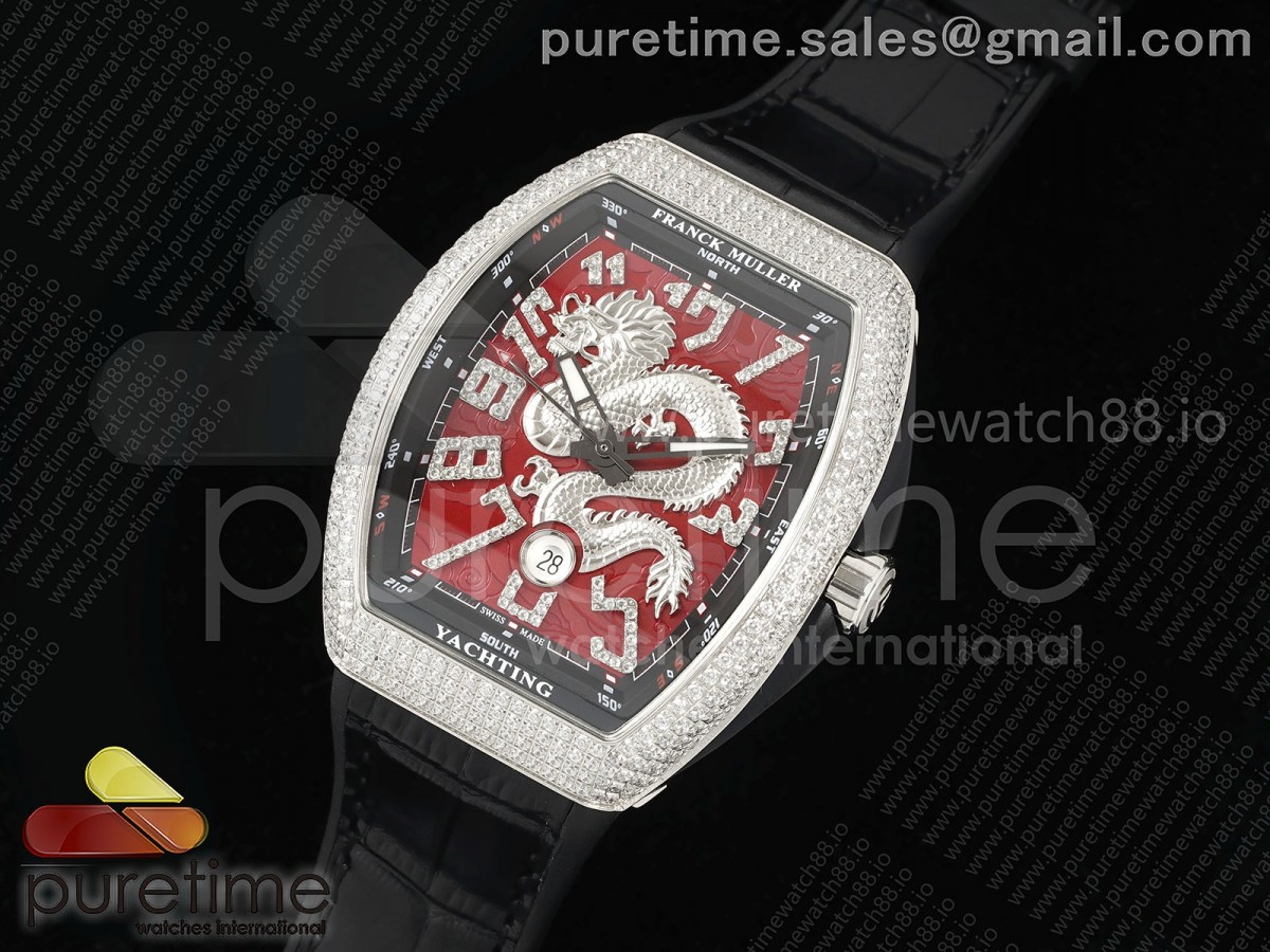 Vanguard V45 SS Full Diamonds ABF Silver Dragon Red Dial on Black Gummy Strap A2824