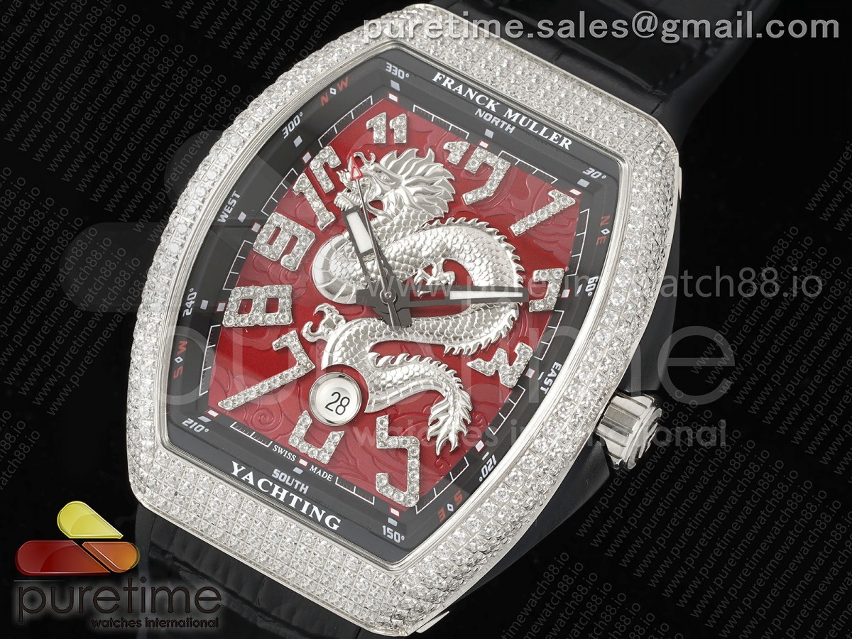 Vanguard V45 SS Full Diamonds ABF Silver Dragon Red Dial on Black Gummy Strap A2824