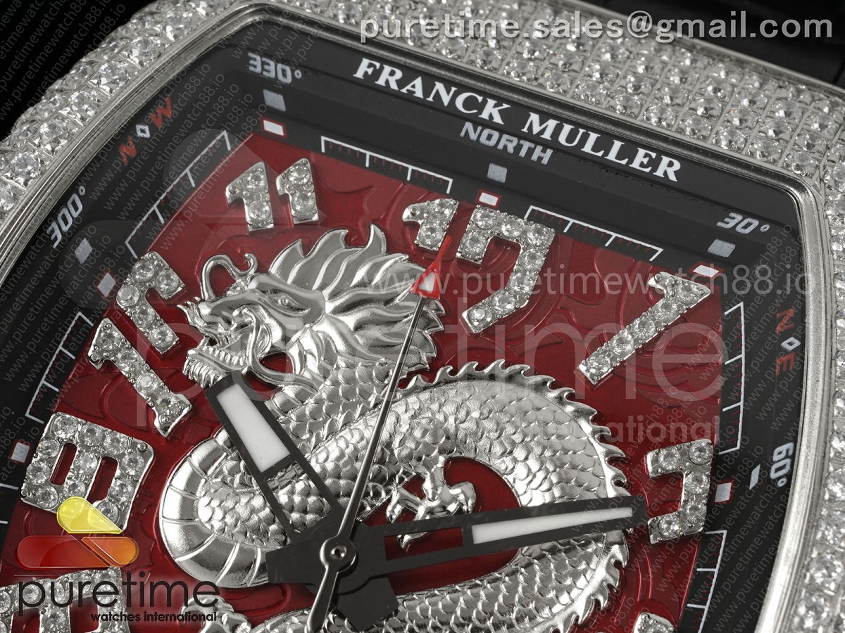 Vanguard V45 SS Full Diamonds ABF Silver Dragon Red Dial on Black Gummy Strap A2824