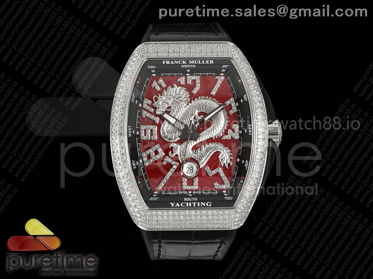 Vanguard V45 SS Full Diamonds ABF Silver Dragon Red Dial on Black Gummy Strap A2824