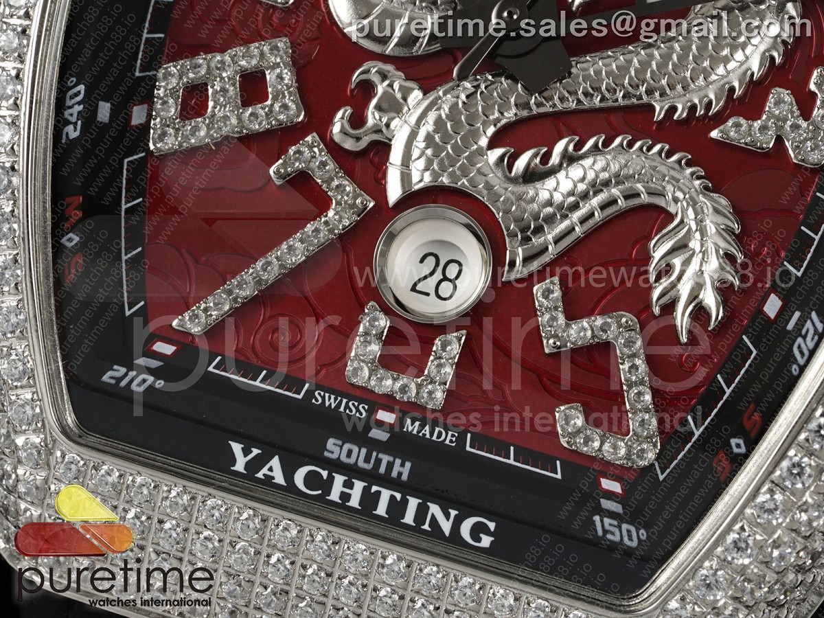 Vanguard V45 SS Full Diamonds ABF Silver Dragon Red Dial on Black Gummy Strap A2824