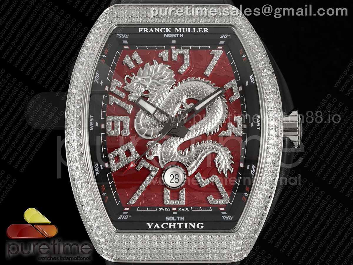 Vanguard V45 SS Full Diamonds ABF Silver Dragon Red Dial on Black Gummy Strap A2824