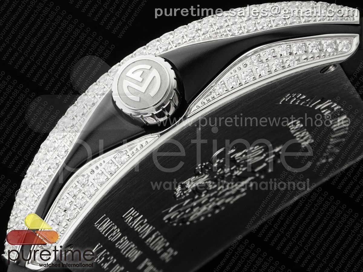 Vanguard V45 SS Full Diamonds ABF Silver Dragon Red Dial on Black Gummy Strap A2824