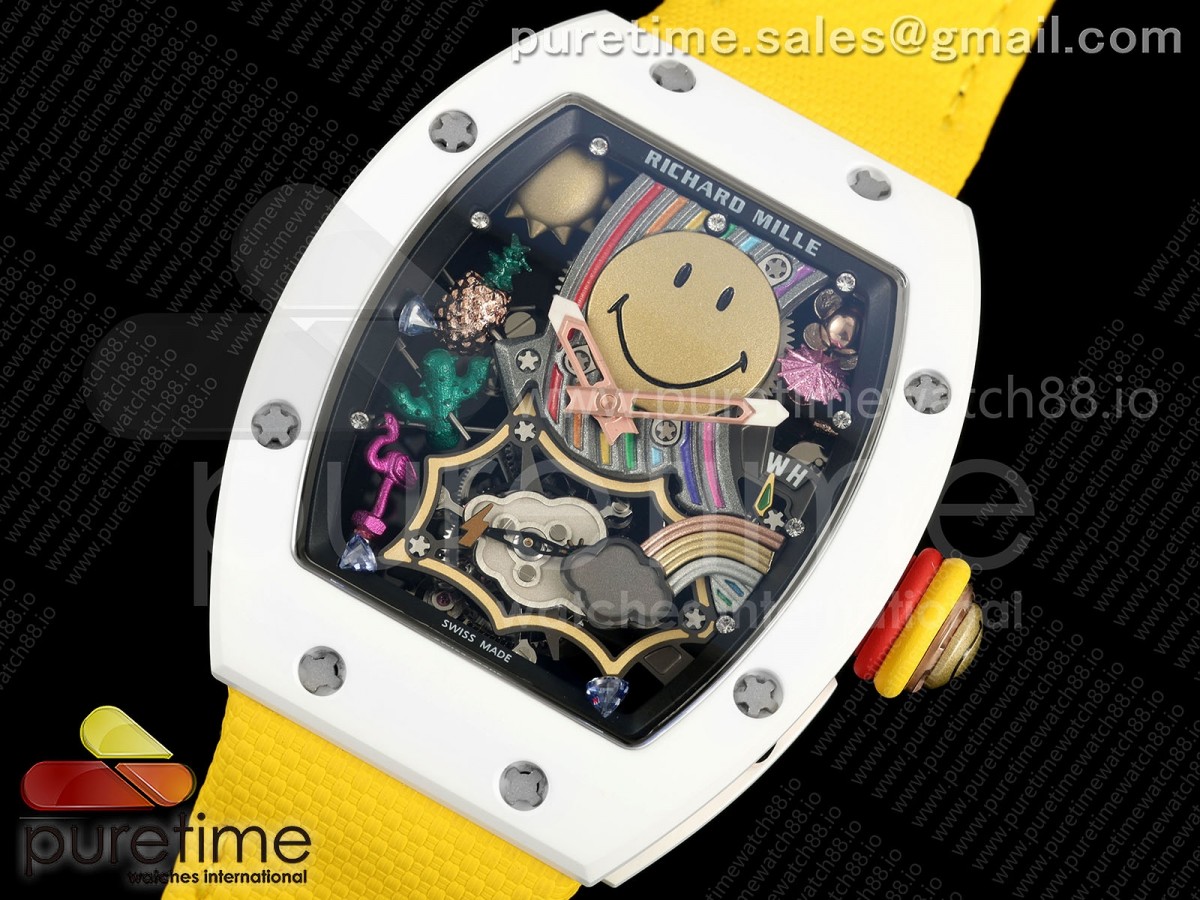 RM88 Tourbillon Smiley White Ceramic RMF on Yellow Velcro Strap