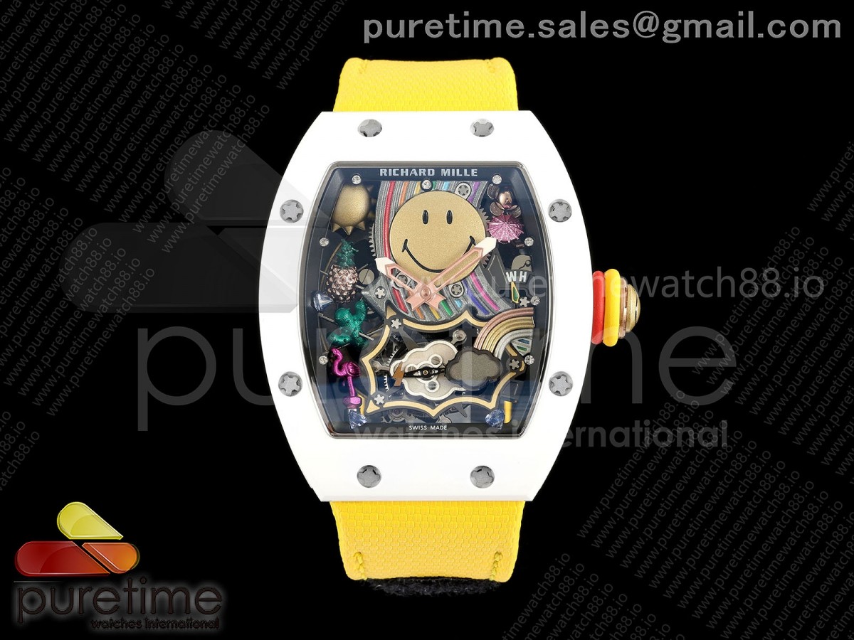 RM88 Tourbillon Smiley White Ceramic RMF on Yellow Velcro Strap