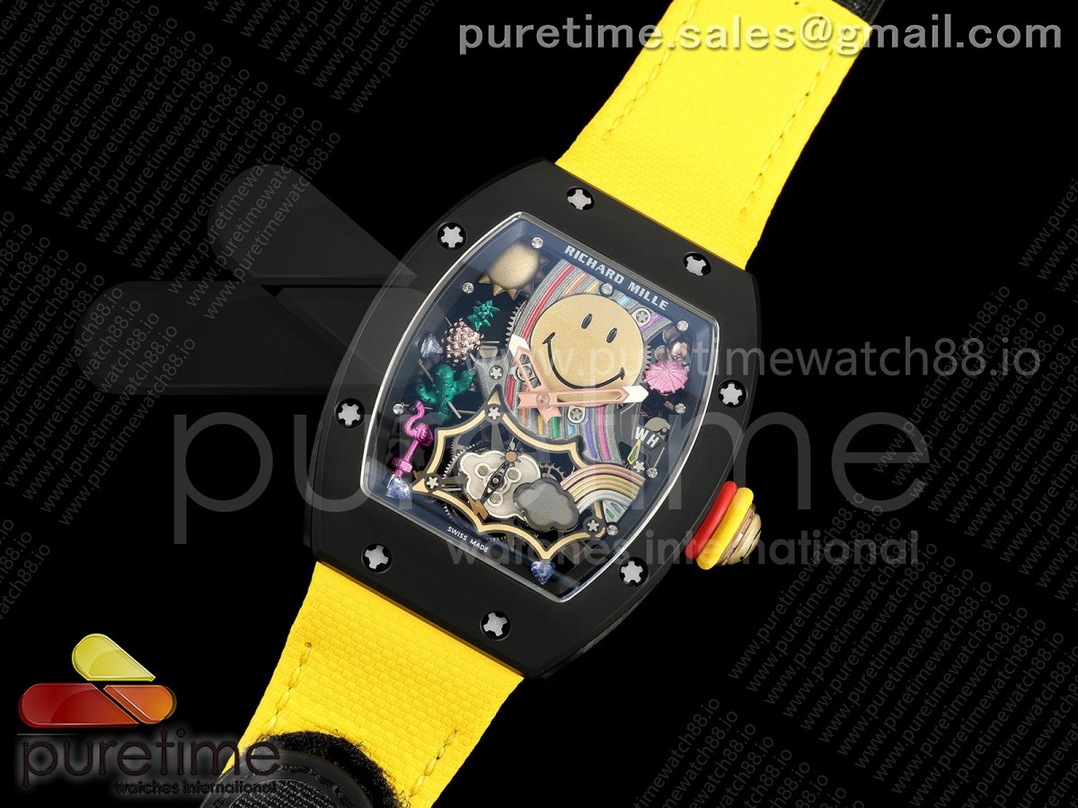 RM88 Tourbillon Smiley Black Ceramic RMF on Yellow Velcro Strap